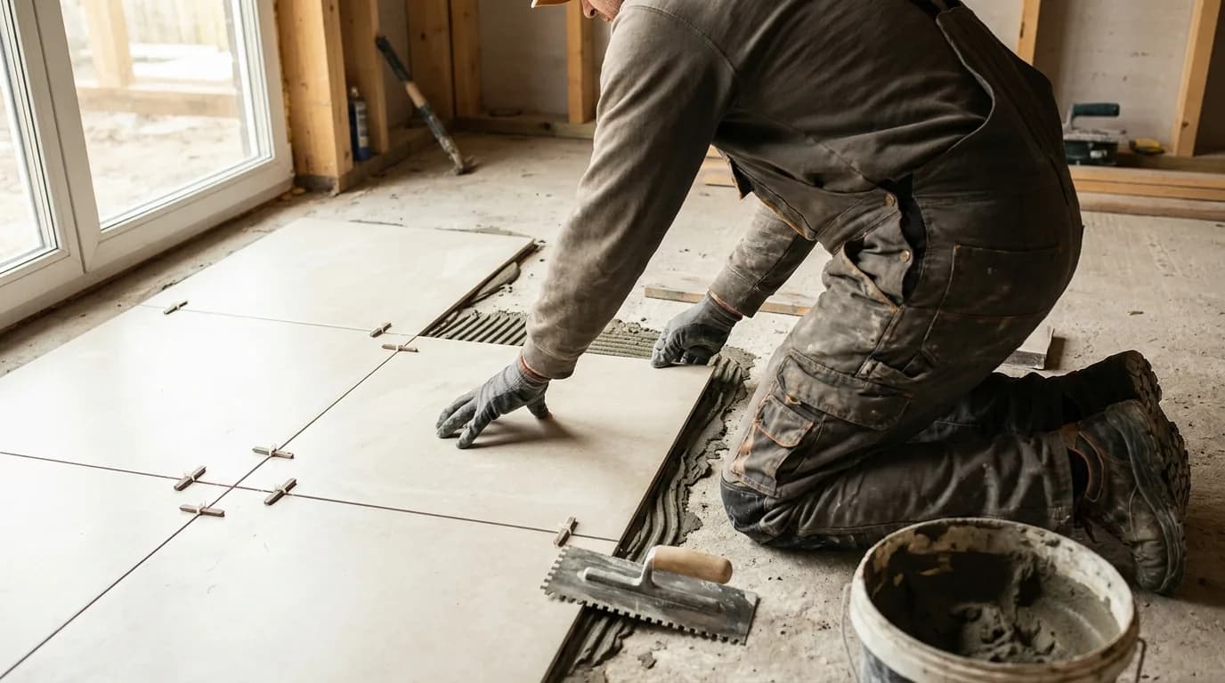 Handwerker beim Verlegen von Fliesen