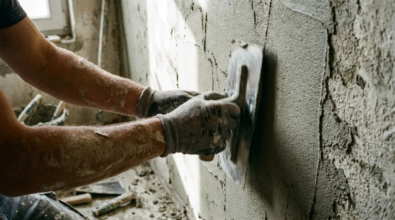 Handwerker beim Verputzen einer Wand
